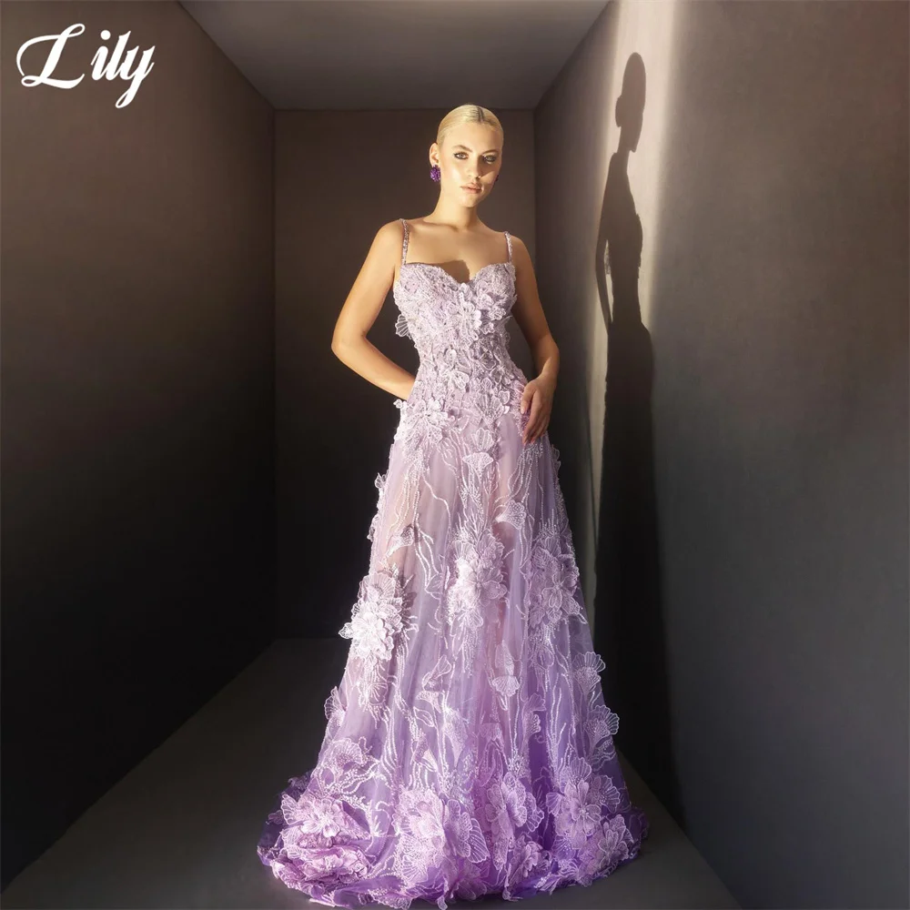 Lily Lavender Floral Tulle Formal Gown Spaghetti Strap Prom Dresses Beaded A Line Evening Dress Dreamy Modern Style Customized - view 2