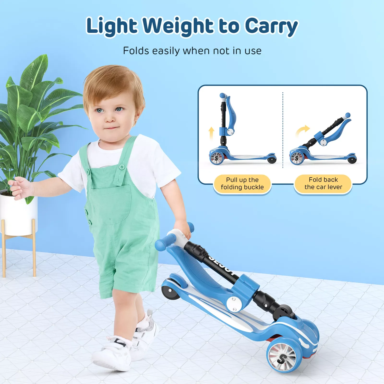 Sejoy Scooter infantil dobrável com 3 rodas, scooter de brinquedo infantil extra largo com altura/guiador ajustável e