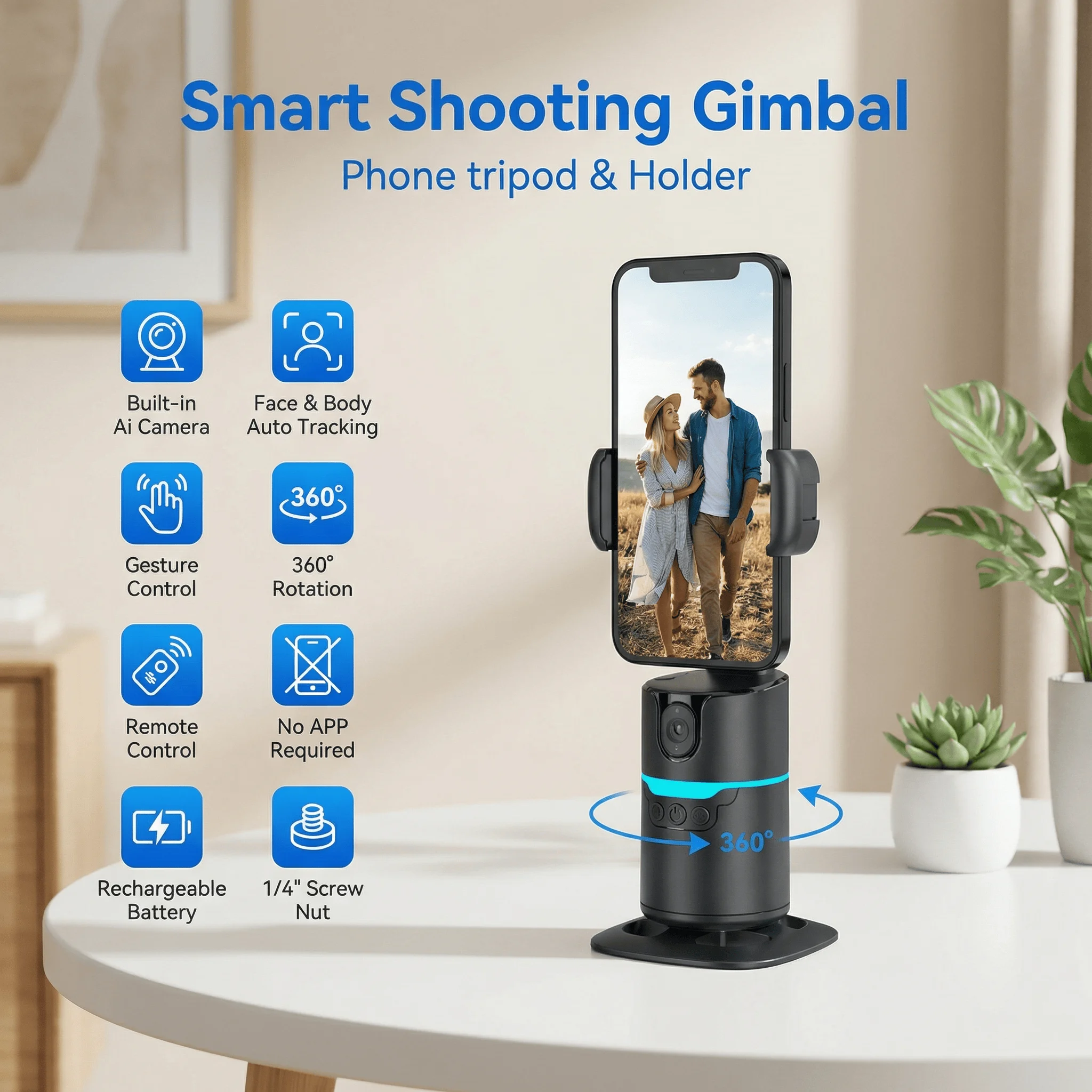 Q14 Palo Selfie con Gimbal, Seguimiento Facial por IA y Control por Gestos - Estabilizador 4 en 1 para un Movimiento Suave de 360° °   Videos, sin necesidad de aplicación