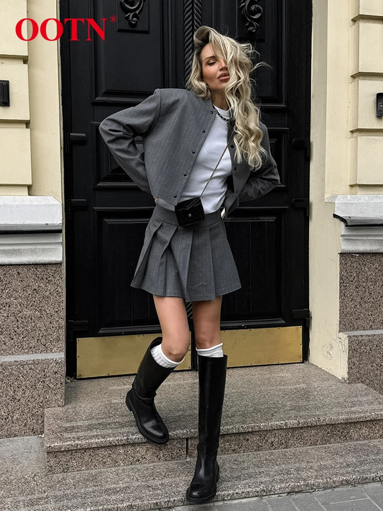 OOTN Deep Gray Streetwear Women Streak Skirts Sets Two Pieces Crop Jackets And Pleated Skirts Autumn 2-Piece Outfit Ladies 2024