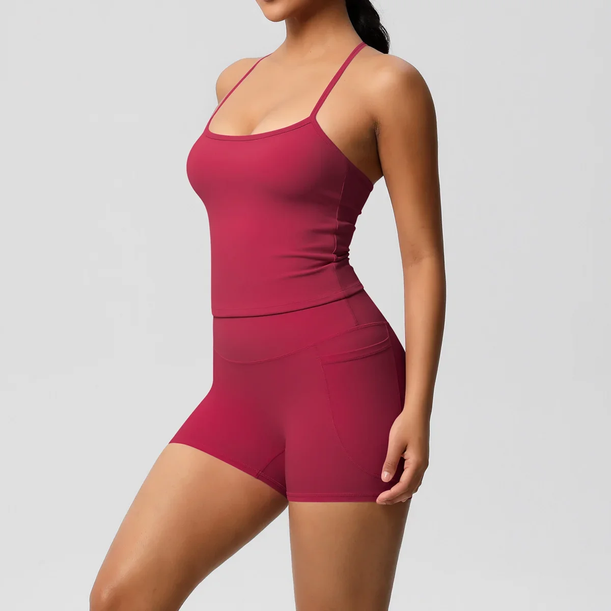 

Seamless Solid Color Cloud Feeling Pocket Yoga Shorts Sports Fitness Beautiful Back Breathable Vest Fitness Yoga Two-piece Set