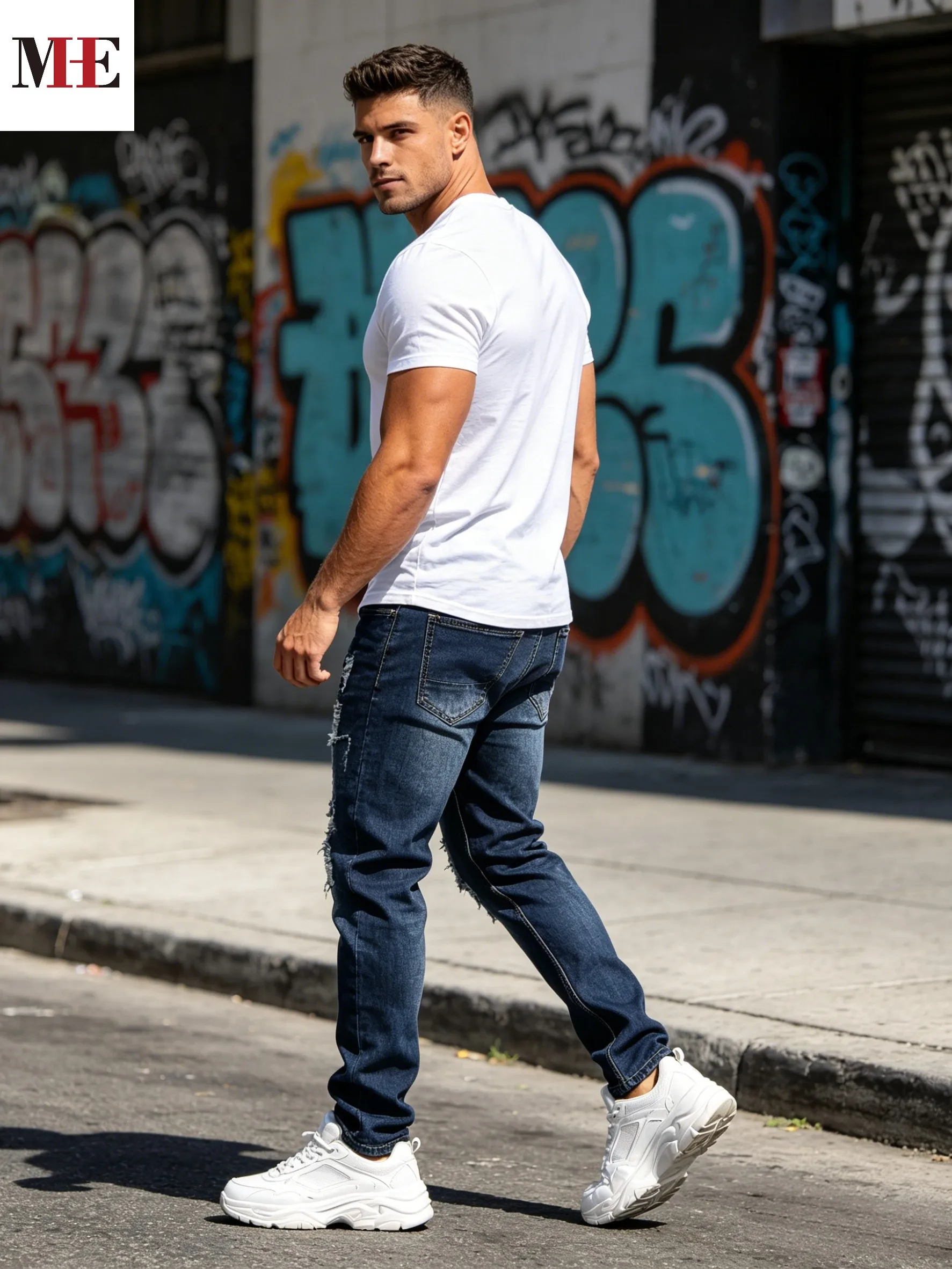 HME Urban Street Denim Pants, Men's Stretch Straight Denim Pants with Natural Distressed Tear Hole & Solid Blue Washed Craft