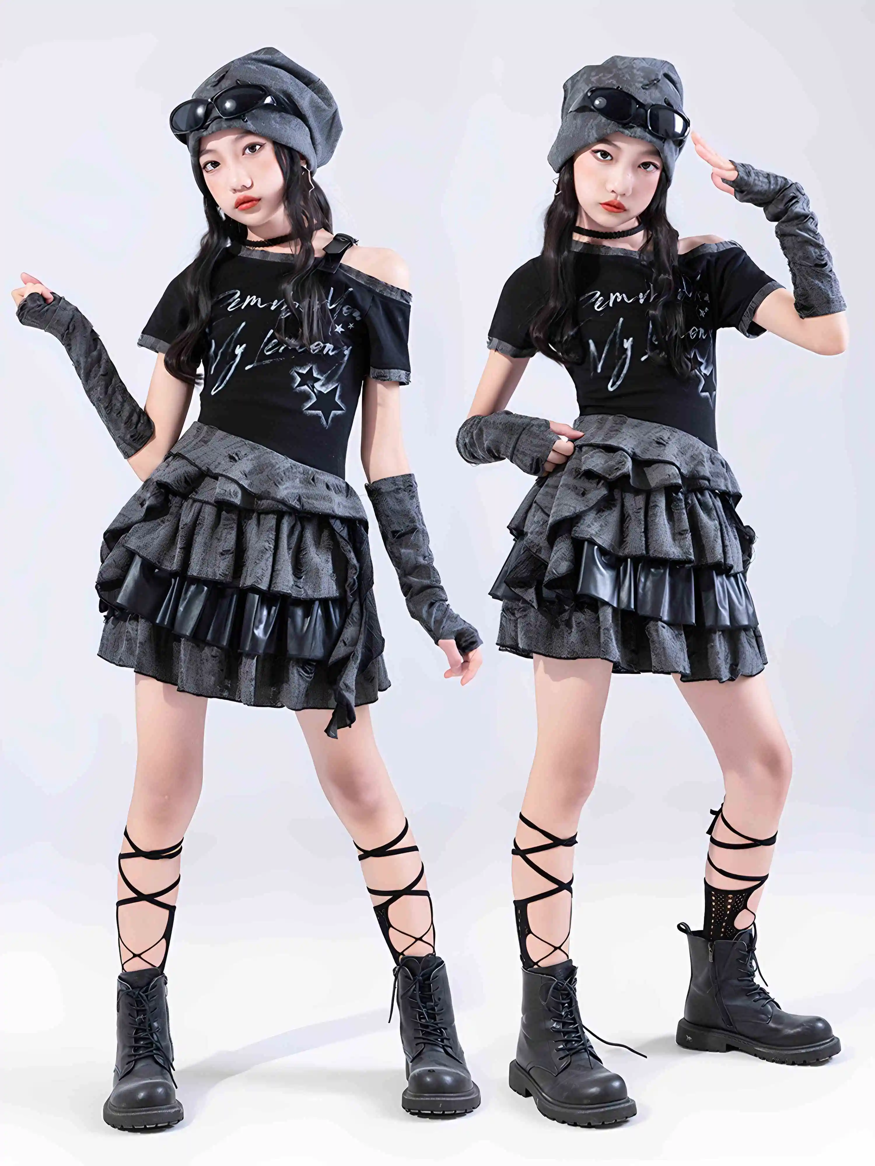 Vêtements de danse Jazz Vintage pour filles, haut nombril noir, jupe gothique, pantalon, Costume de danse Hip Hop, Costume de spectacle de pom-pom girl BL16526