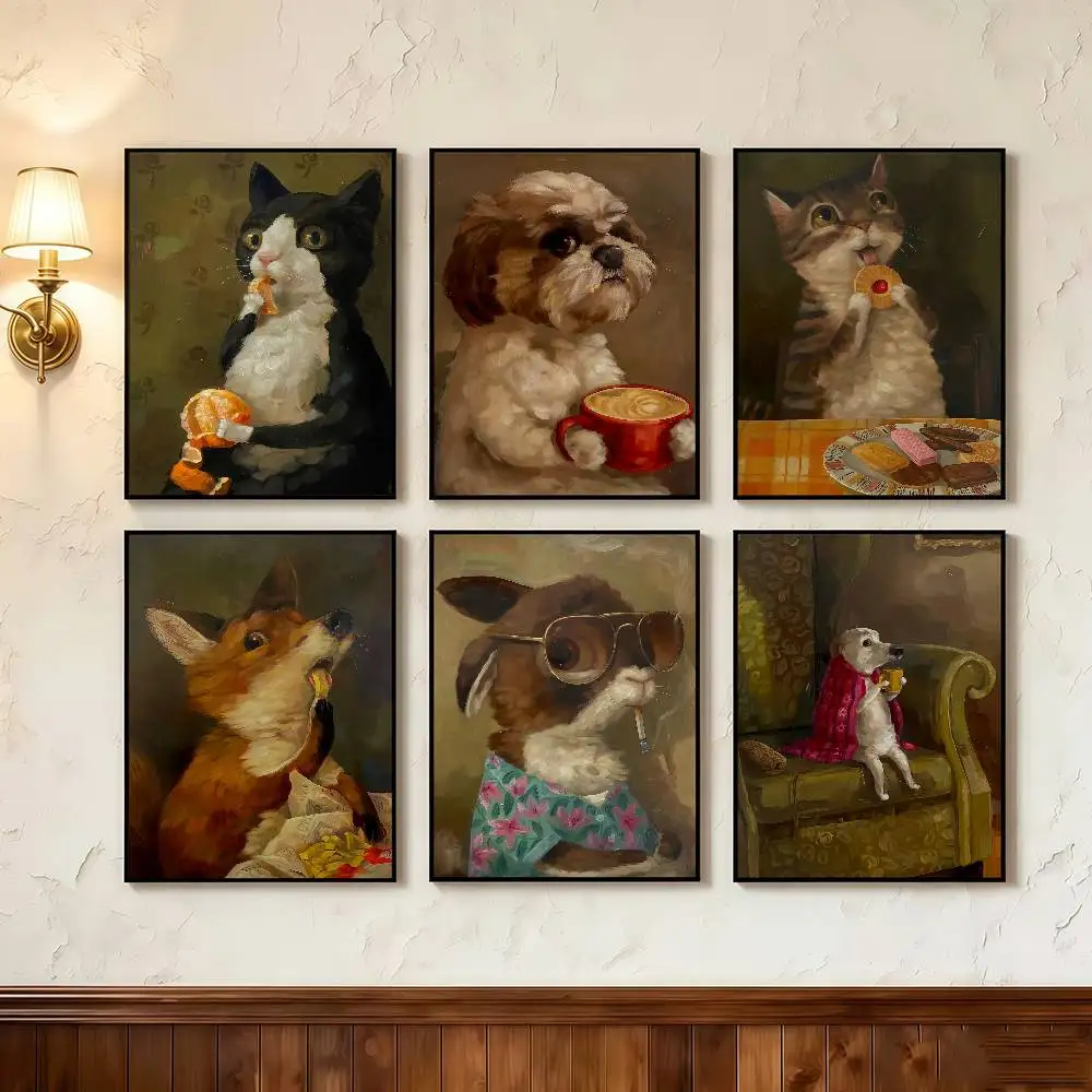 Vintage Funny Puppy Eating Donut Art Kawaii Poster Self-adhesive Art Waterproof Paper Sticker Coffee House Bar Room Wall Decor