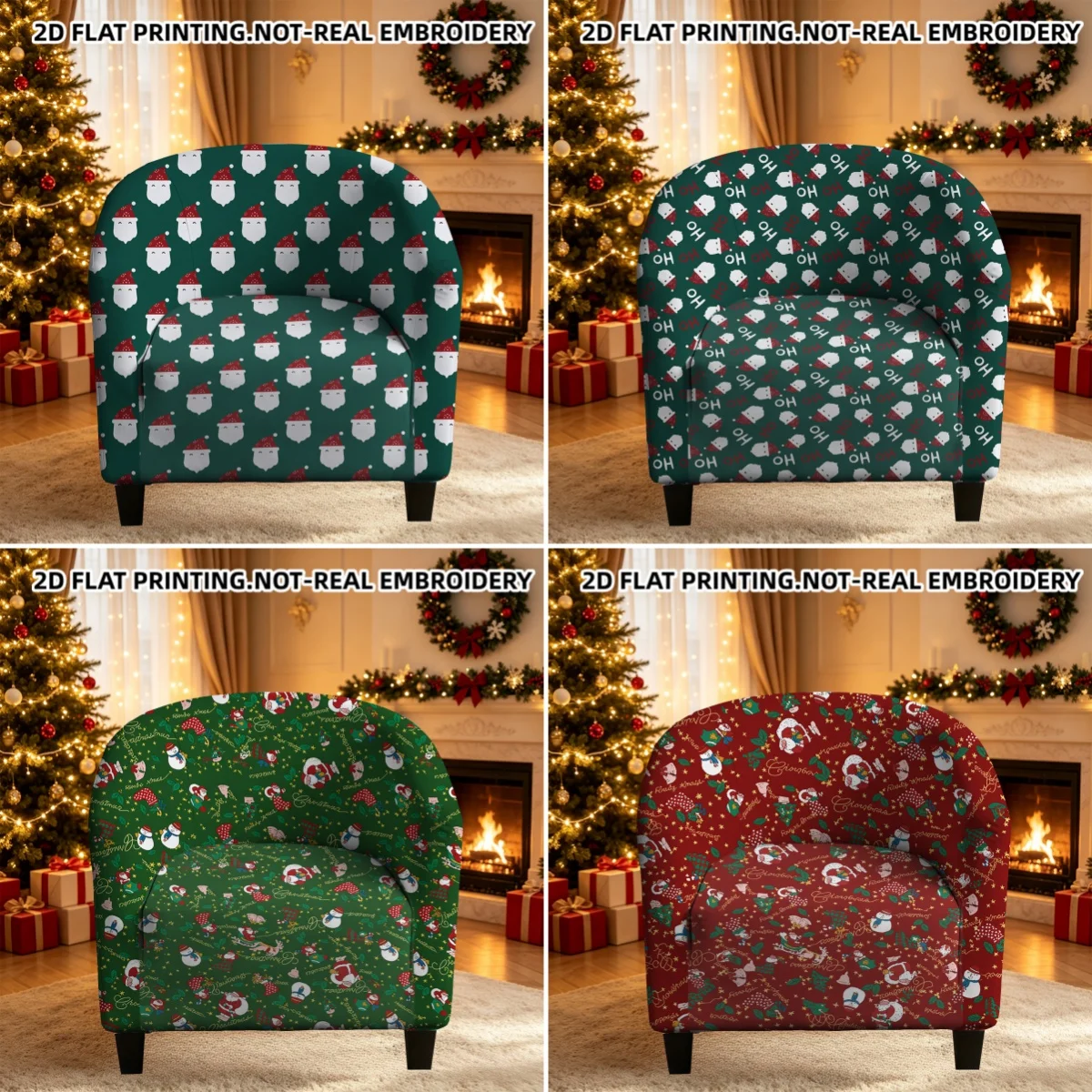Seamless Christmas Red-Green Santa Snowmen Penguins Printed Armrest Sofa Cover, 2D Printed Elastic Single Club Sofa Cover