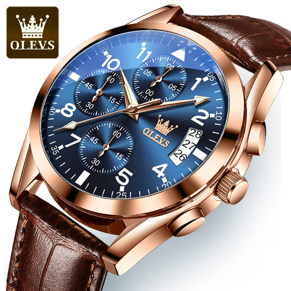

OLEVS 2878 Original Man Watch Leather Strap Multifunctional Quartz Men's Watch Pilot Chronograph Auto Date Waterproof Wristwatch