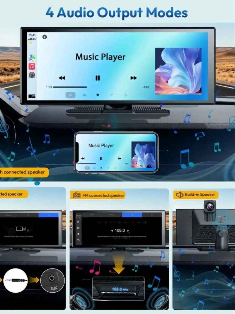 ESSGOO 11,3" 4K+1080P Uniwersalny Przenośny Bezprzewodowy Rejestrator Samochodowy z CarPlay i Android Auto, Podwójne Nagrywanie, Noktowizja, WiFi, Nawigacja GPS, Rejestrator Wideo, FM, BT5.3, AUX, — 2