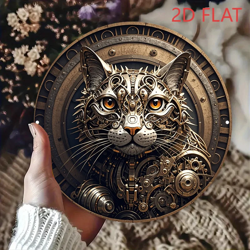 CIFBUY Retro Steampunk Metal Wall Decor 2D Flat Printed Iron Art Waterproof Durable Cat Gear Design For Home Bar