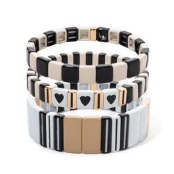 2024 New Black White Color Beaded Enamel Bracelets For Women Boho Beaded Heart Bangle Sets