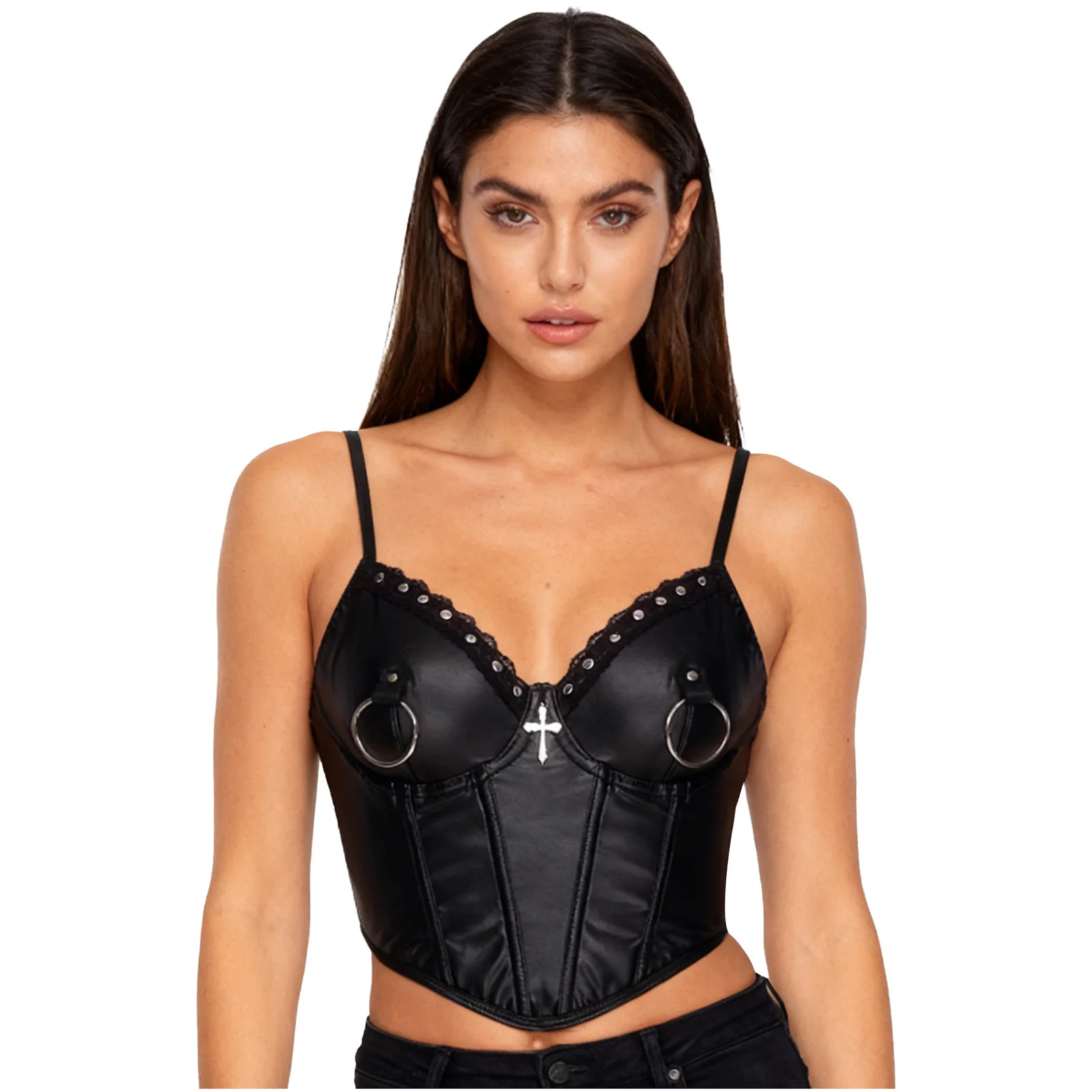 Women Cool Punk PU Leather Corset Bustier Rivets Cross And O-ring Decor Push-up Bra Boned Cropped Camisole Gothic Party Bar Tops
