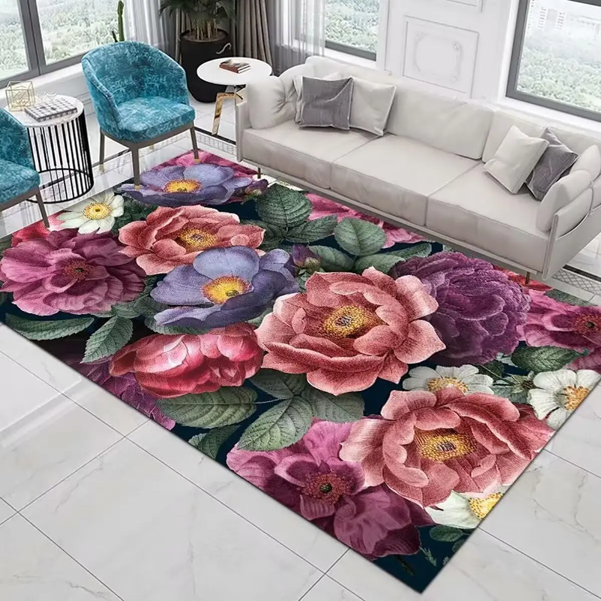 Colorful Blooming Rose Flowers Area Rugs for Home Office Decor 3D Floral Print Living Room Rugs Under Sofa Table Non Skid Carpet