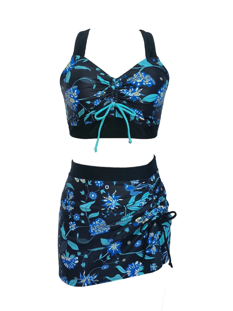 Bikini de talla grande con estampado para mujer, traje de baño Sexy de cintura baja, traje de baño dividido negro de 3 piezas para vacaciones en la