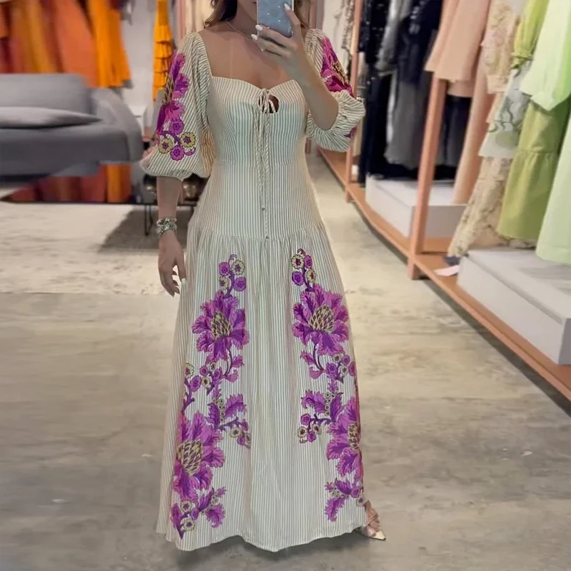 Ellafads Maxi Dress Women Summer Fashion Elegant Chic Floral Print Lace Up Square Neck Puff Sleeve Striped Party Maxi Dresses