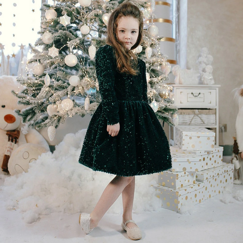 Dark Green Glitter Scoop Flower Girl Dress Full Sleeves Kids Birthday Party Gown A-line Knee Length Pageant  Dress for Children