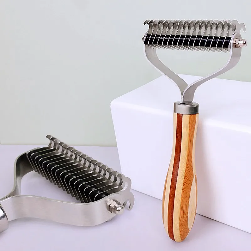 الكلب مشط سكين فرشاة للكلاب الخيزران على الوجهين القط مشط الفولاذ المقاوم للصدأ مزيل شعر الحيوانات الأليفة خشب متين عقدة الشعر تنظيف الكلاب فرشاة