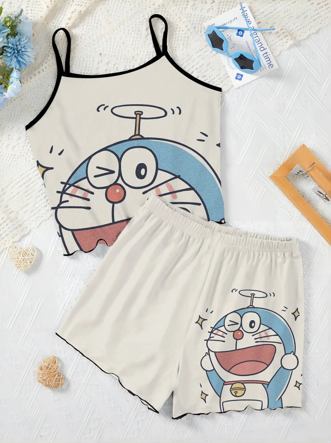 Home Dress Lettuce Trim Elegant Women's Sets for Women 2 Pieces Pajama Skirt Top Doraemon Satin Surface T-shirt Short Suit Top