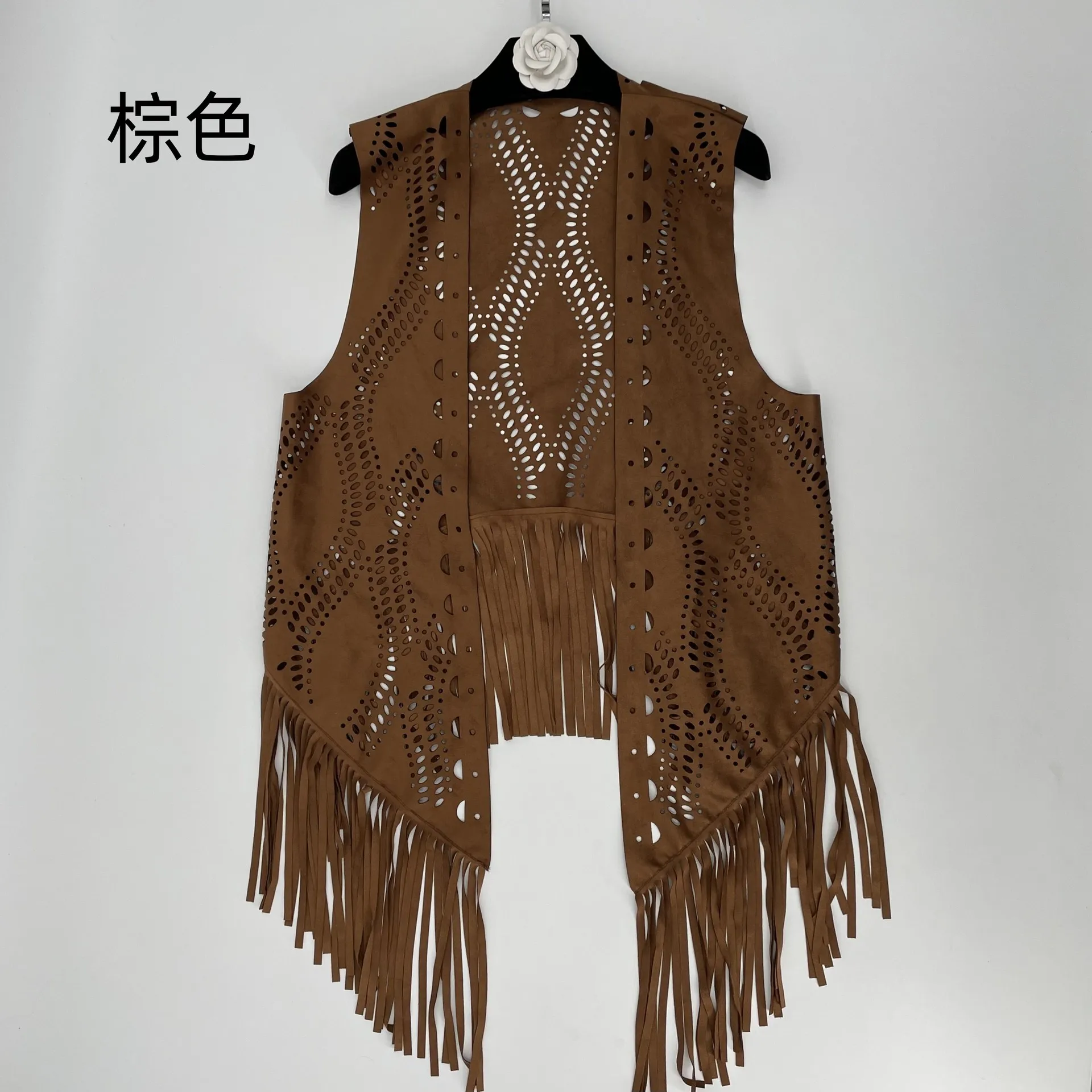 Fashion Casual Women\'s Hollowed Out Flower Fringe Vest Solid Color Loose Cardigan Coat