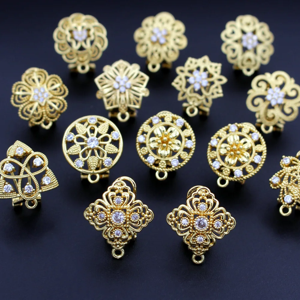 1pair Gold Plated CZ Hollow Flower Earrings Stud Base With Hole Earring Posts Connector Linker DIY Women Jewelry Accessories
