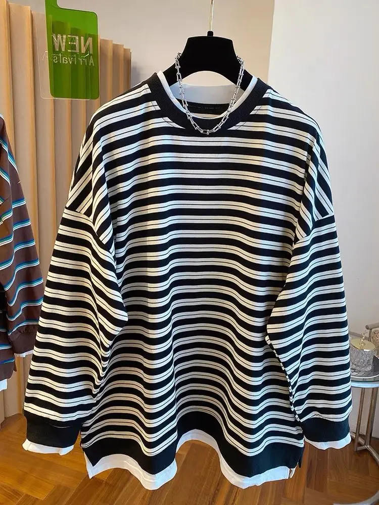 

Striped Hoodie for Women Spring Autumn Niche Design Fake Two-piece Top