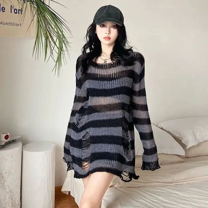 

Lazy Style Ripped Sweater Dress for Women Early Autumn Medium Length Loose Thin Striped Summer Knitted Sunscreen Top