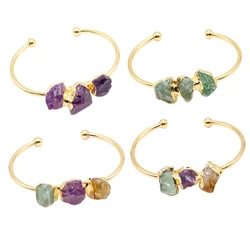Irregular Boho Handmade Natural Stone Wrap Wrappd Raw Amethyst Bangle for Women Golden Adjustable Open Cuff Bracelets