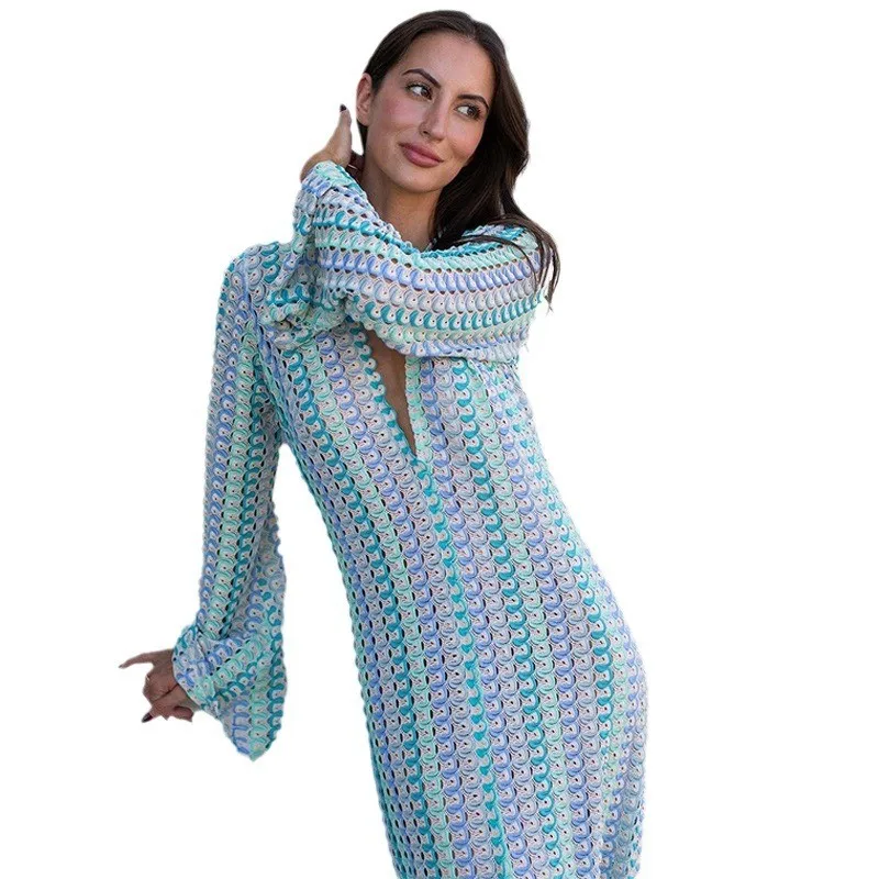 One Hollow Out Dress High Waist Resort Wear with Geometric Pattern Embroidery Loose Waist Elegant Raglan Sleeve Women Swimsuit