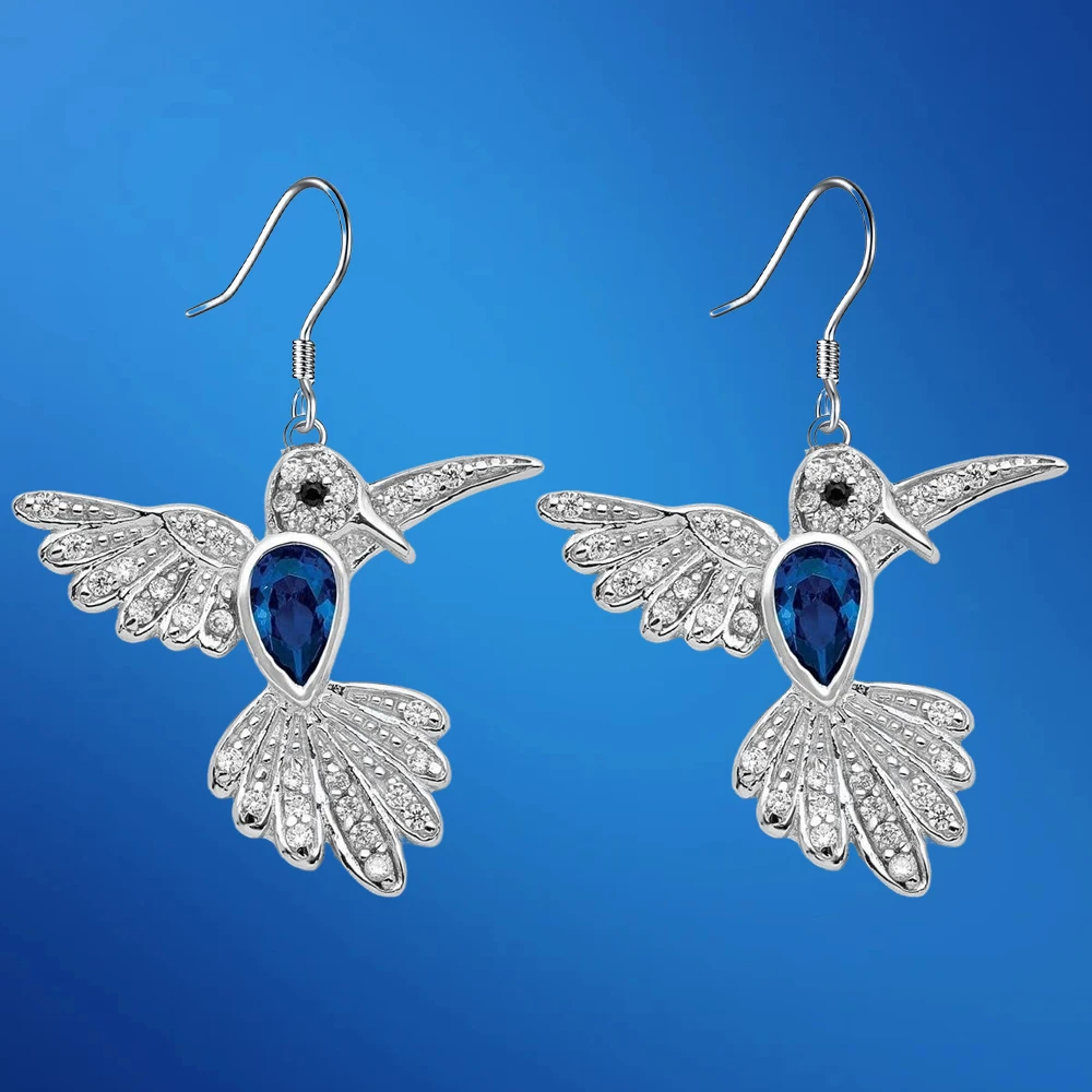 3pcs Exquisite Fashion Dark Blue Spinel And Brilliant-cut White CZ Hummingbird Necklace Earring  jewelry sets for women