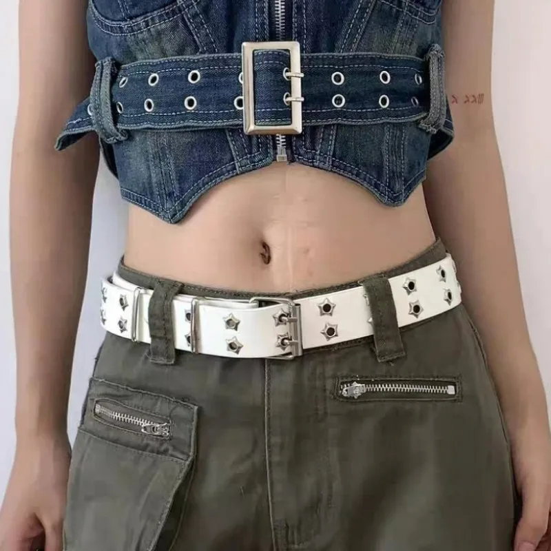 

Fashion Belts for Women Men Y2k Punk Personalized Hollow Star Double Breasted Belt PU Lether Full Hole Waistband for Jeans Skirt