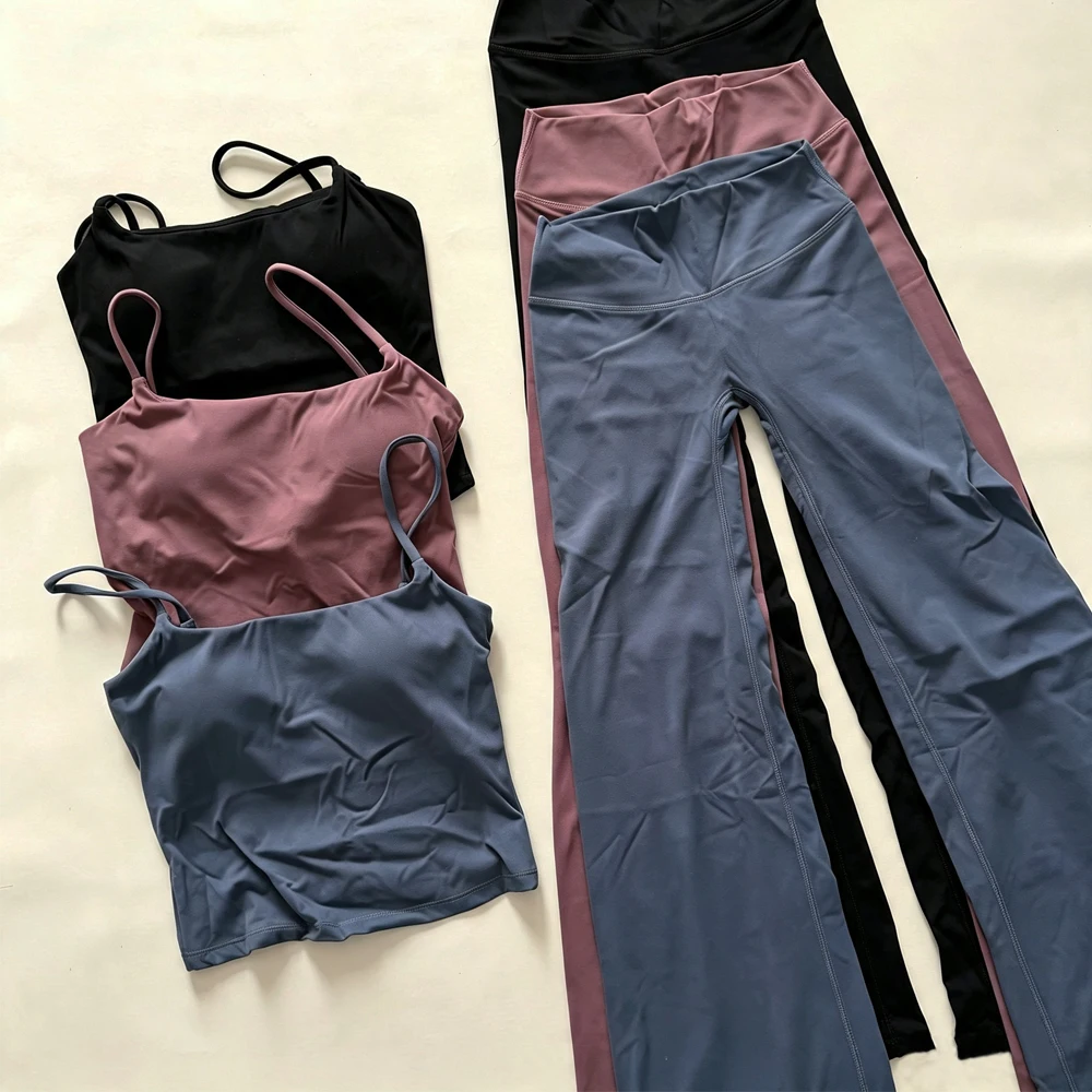 2-Piece yoga Vest, Outdoor Running and Fitness Belt, Chest Cushion, Camisole, Women's High Waisted Bell Bottom Pants Set