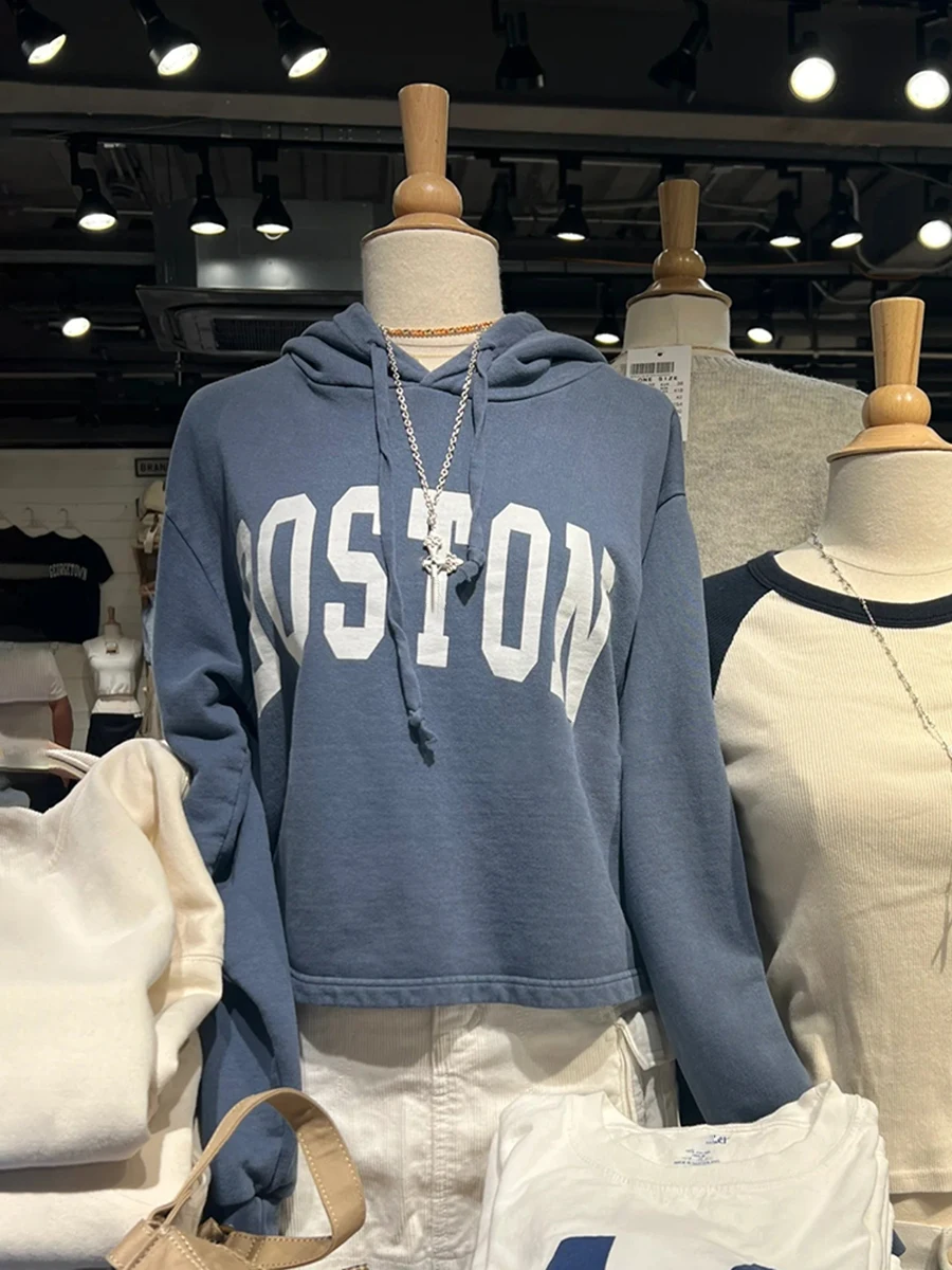 

Letter Print Navy Hoodie For Woman Autumn Drawstring Hooded Long Sleeve Pullovers Tops Vintage Y2k Streetwear Loose Sweatshirt