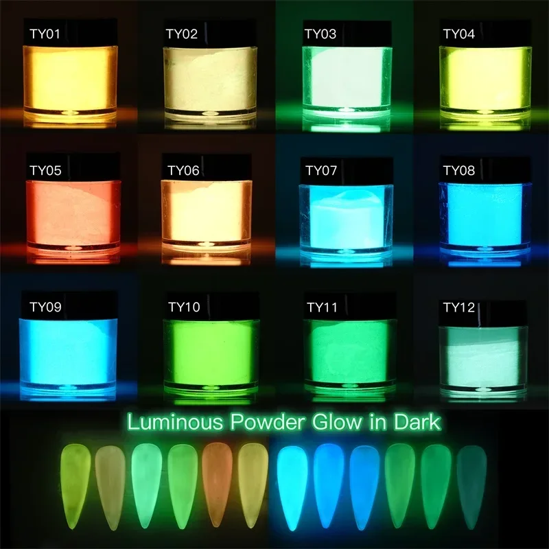 FSIXCL-polvo de inmersión luminoso de 12 colores que brilla en la oscuridad, polvo acrílico para decoración de manicura con efecto fluorescente