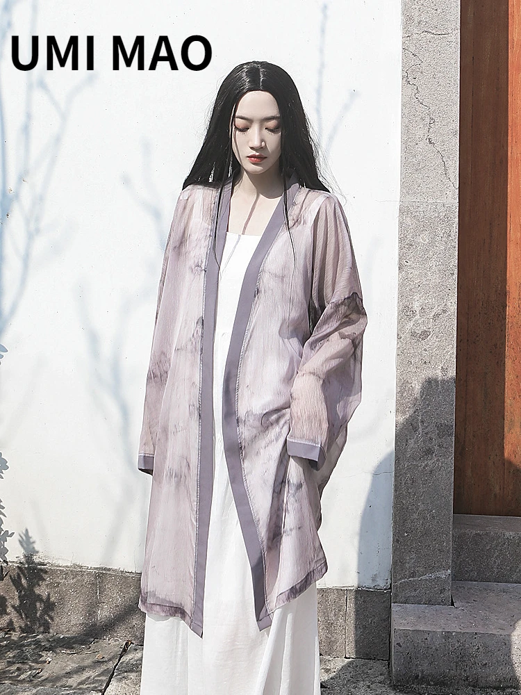 UMI MAO Chinese Style Coat Spring Summer Fog Gray Printing Dyeing Silk Linen Elegant Cardigan Sunscreen Coat Women Femme