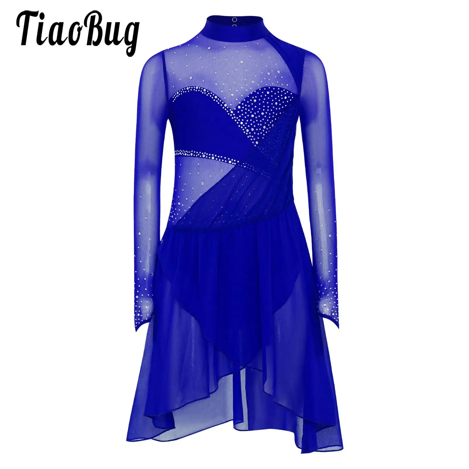 

Girls Figure Skating Dance Dress Lyrical Dance Sheer Long Sleeves Mesh Patchwork Leotards Rhinestones Irregular Hem Dress