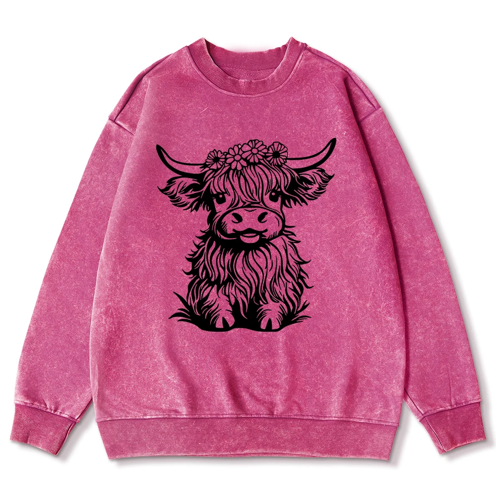 Cute Hair Cow Cartoon Print Washed Sweatshirt Women Casual Comfortable Tops Fashion Soft Hooded Cotton Oversize Clothing Female