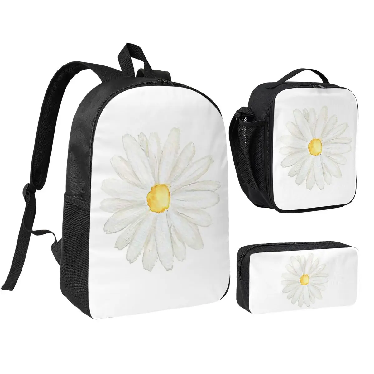 

Hand Painted One Little White Daisy Backpack BookBag School Bag Computer Shoulder Bags 3ps Insulated Lunch Bag Pencil Case