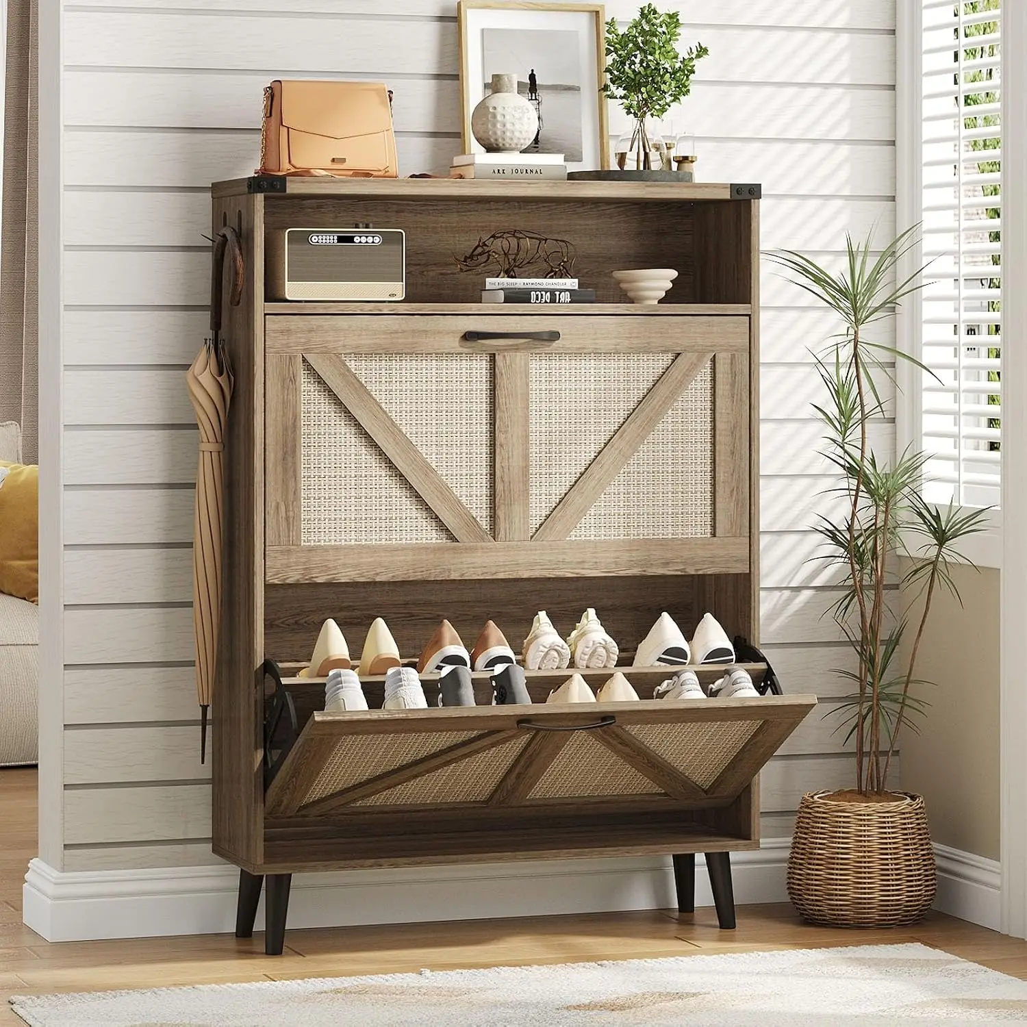 Shoe Cabinet with 2 Flip Drawers & Open Shelf,Slim Narrow Organizer for Entryway Hallway,Oak Rattan,Customized