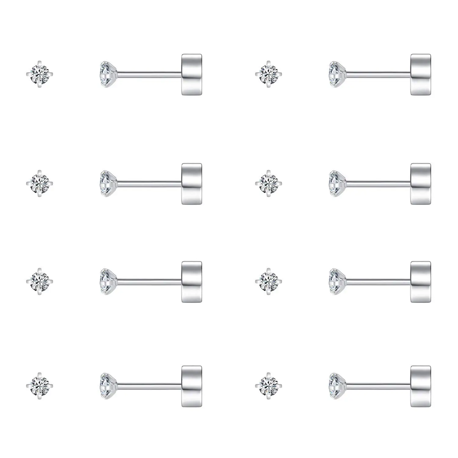 

8 Pairs Tiny Flat Back Earrings for Women Men Surgical Stainless Steel Cubic Zirconia Cartilage Earring Jewelry Size 2-8mm