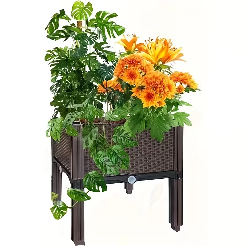 Elevated Raised Garden Bed with Legs Rattan Effect Plastic Planter Box with Drainage for Growing Vegetables Tomatoes Flowers Herbs Indoor Outdoor Patio