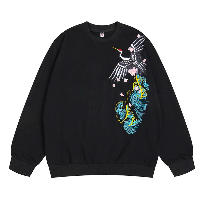 Heavy Embroidery Crane Floral Sweatshirt For Men Loose Fit O-Neck Winter Quality Cotton Pullovers Fashion Sudaderas Para Hombres