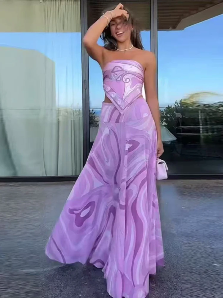 HH Women Bohemian Printed Skirt Suit Vintage Irregular Position Scutellar Top+High Waist Sexy Large Wide Casual Long Skirt