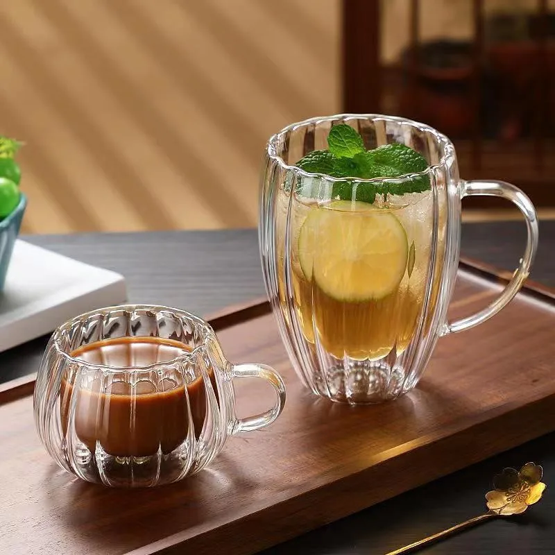 Stripe Mug Double Wall Glass Glasses High Borosilicate Water Cup Breakfast Oatmeal Milk Coffee Water Cup Drinkware Glass Mug