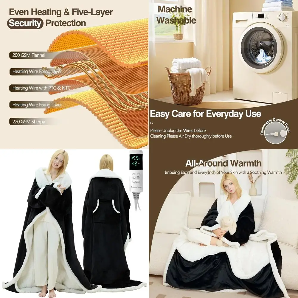 

Одеяло с подогревом, карманом для ног и рукавами, регулируемая температура, автоматическое отключение, 50x70 черный