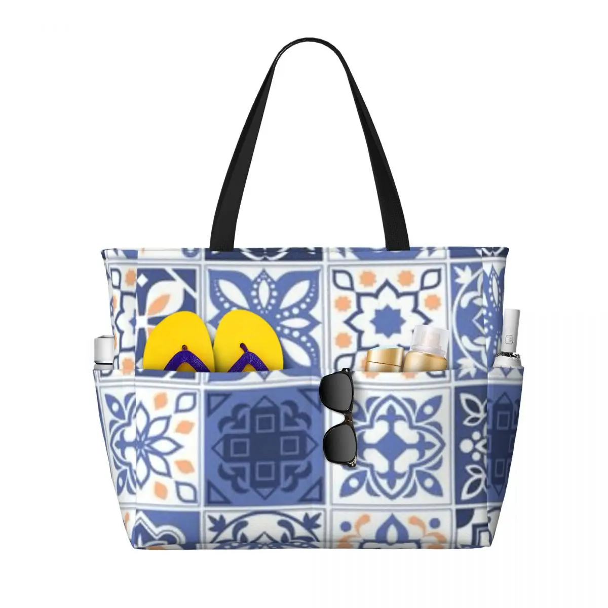 Blue Portuguese Tile Portugal Azulejo Flower Beach Tote Bag Sport Gym Yoga Duffle Large Tote Bag Women Travel Bag Fitness bag