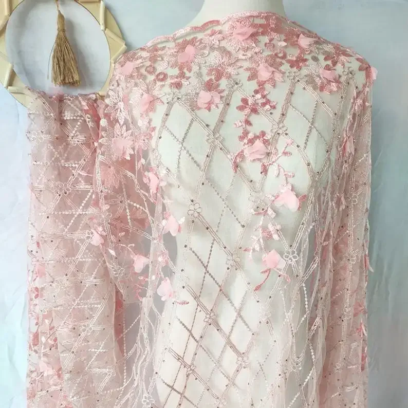 

3D beaded flowers embroidered lace fabric floral soft tulle lace for wedding dress bridal dress veil lace 51" wide