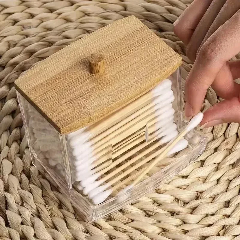 Cotton Swab Storage Box Double Head Cotton Buds Container Transparent Square Bamboo Cover Cotton Swab Toothpick Organize Box Box