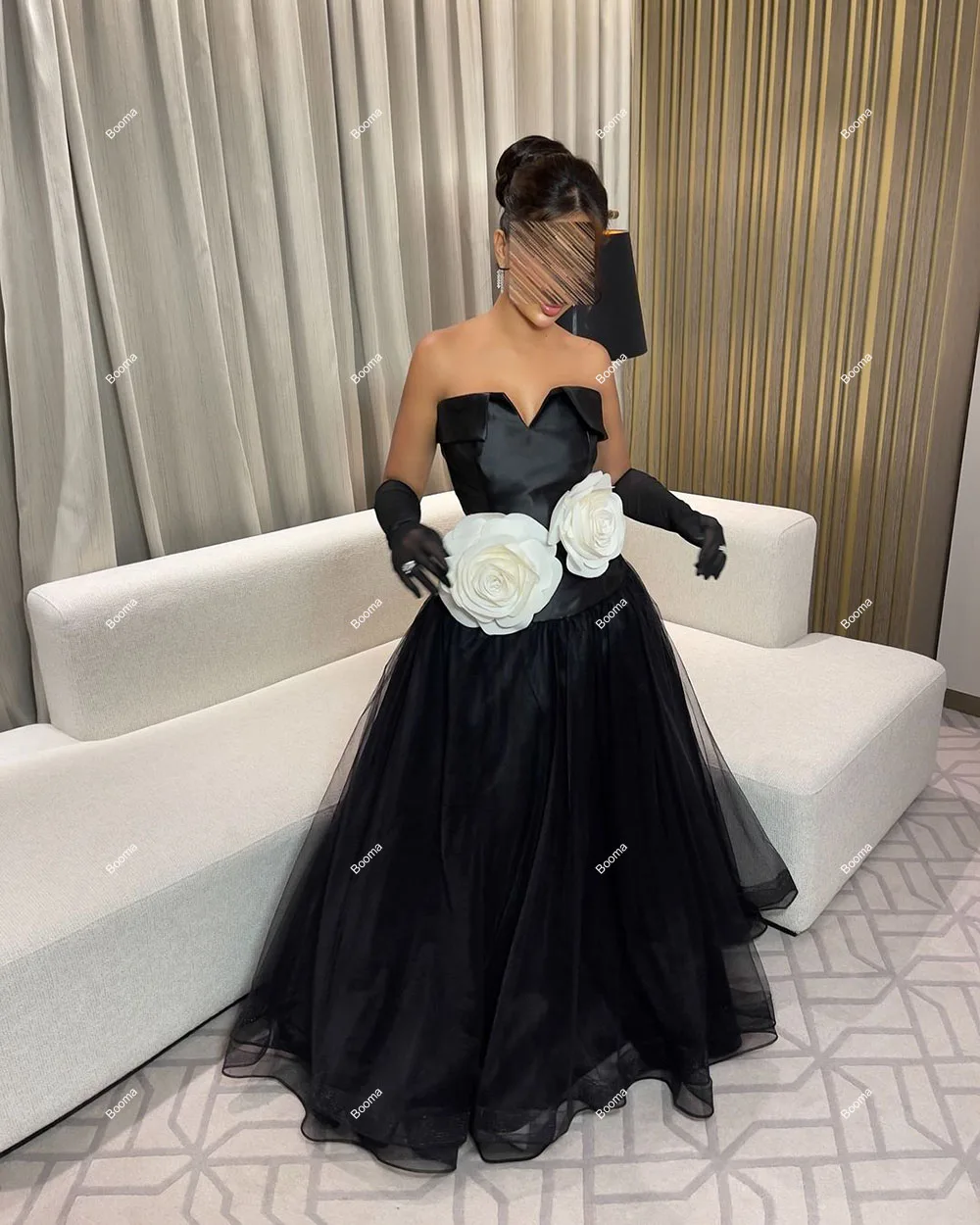 Booma Black A-Line Prom Dresses Strapless 3D Flowers Tulle Formal Occasion Gowns for Women Long Party Evening Dresses