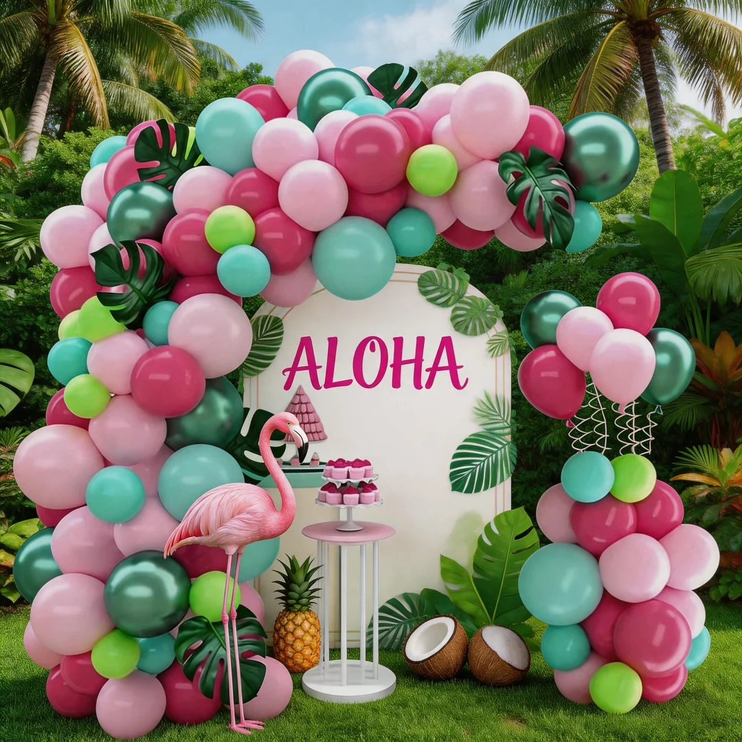 113-teiliges Hawaiianisches Themen-Ballonbogen-Set, Rosenrot, Rosa und Grün Tropische Partydekoration, Sommer Strand Geburtstagsfeier Deko – Detail 4