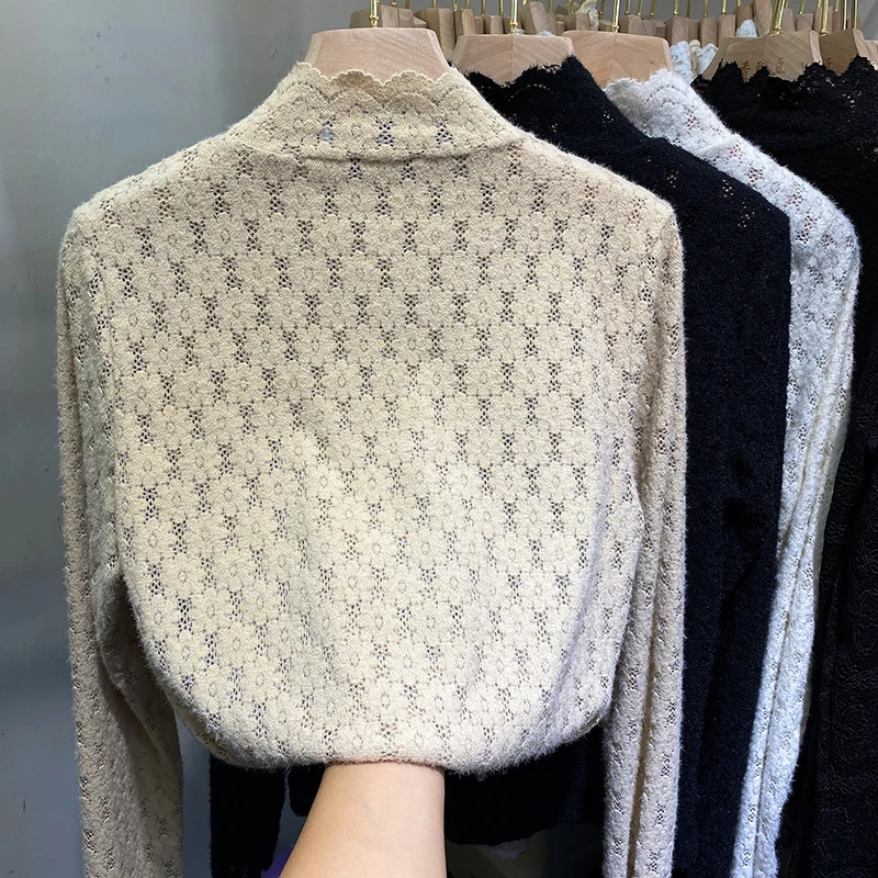 

Осень-зима с высоким воротником из кроличьего меха, бархатная кружевная основа, женский топ с крючками и цветком, корейский топ, прямой крой