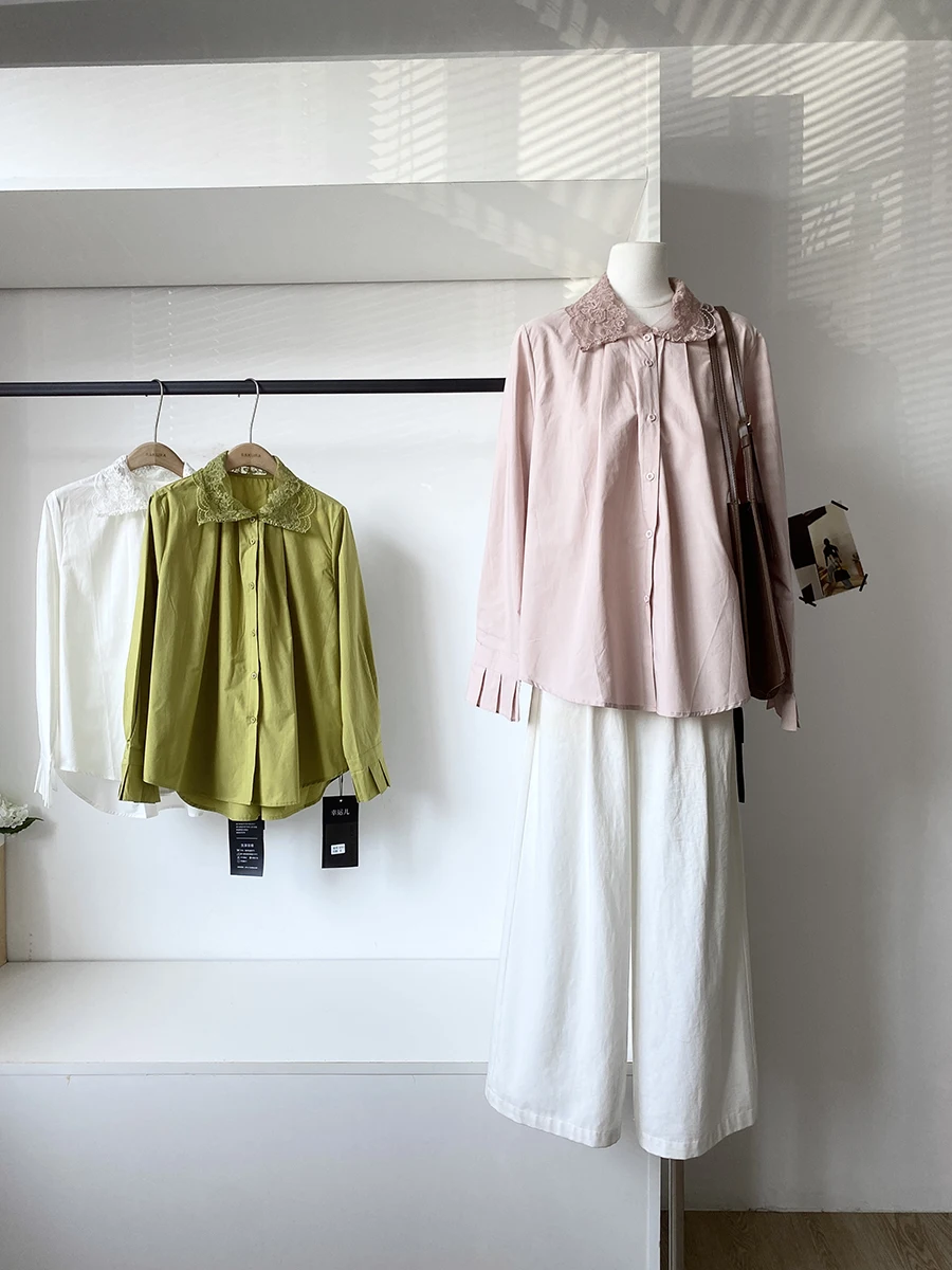 

Spring 2026 Commuter Style Loose Fit Long Sleeve Women's Shirt Lace Collar Casual Comfortable Top Polyester Fiber