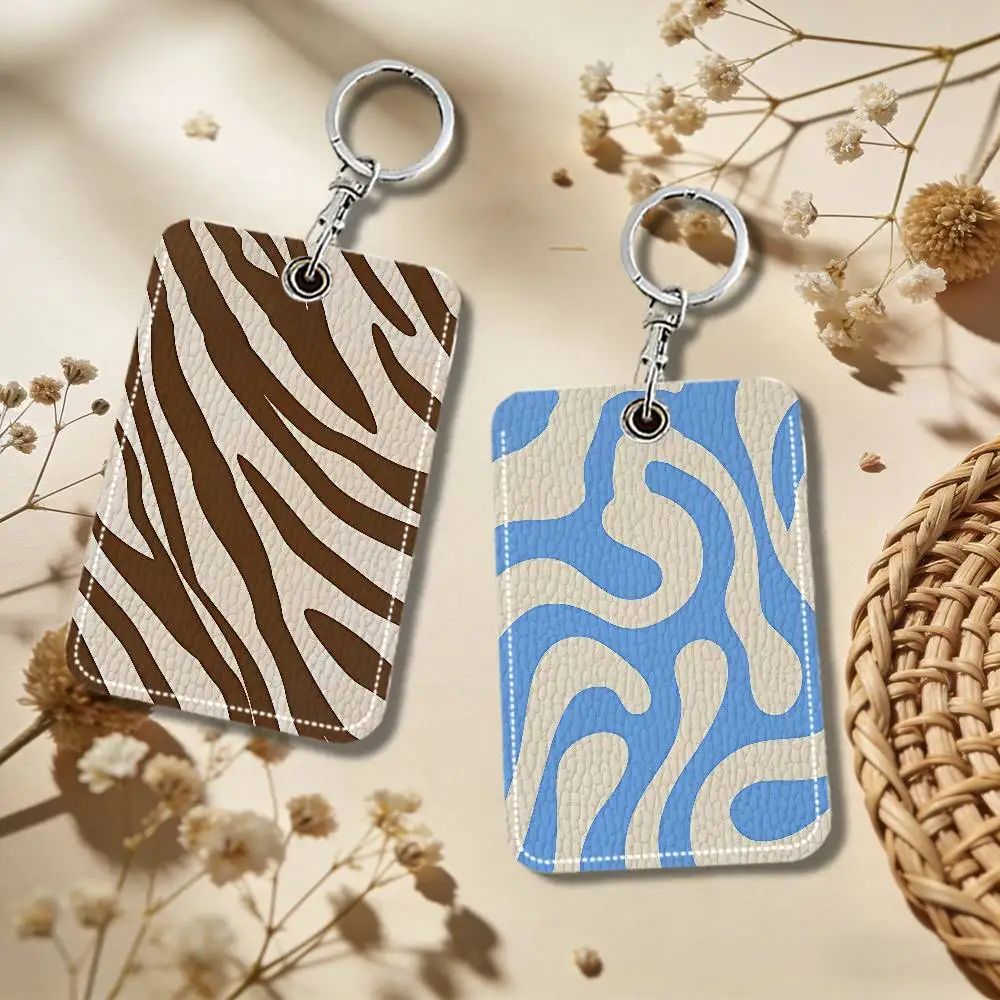Fashion Stripe Pattern Keyring Leather Access Card Holder Keychain Community Proximity Card Protective Case